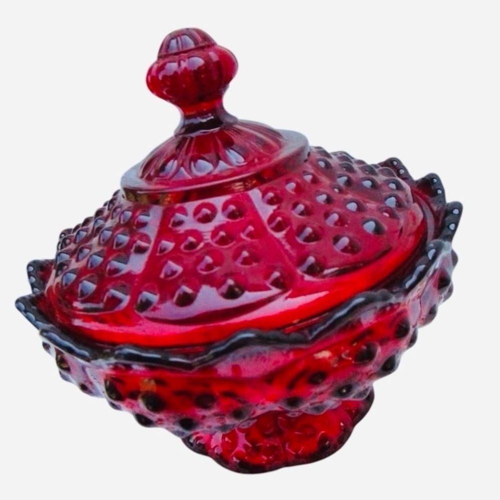 Fenton Cadmium Glow
Hobnail Ruby/Amberina
Lidded Candy Dish Scalloped
Edge 6.5" - Picture 3 of 13